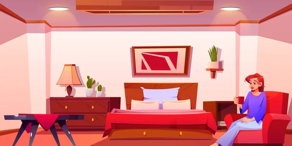 stock vector Woman sitting in red house bedroom with furniture. Modern room interior scene with bed, pillow, blanket and lamp. Comfort sleep flat environment with cactus and plant in pot for female character.