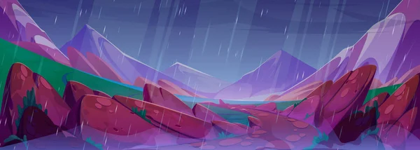 Cuaca Hujan Pegunungan Dengan Sungai Lembah Ilustrasi Vektor Kartun Curah - Stok Vektor
