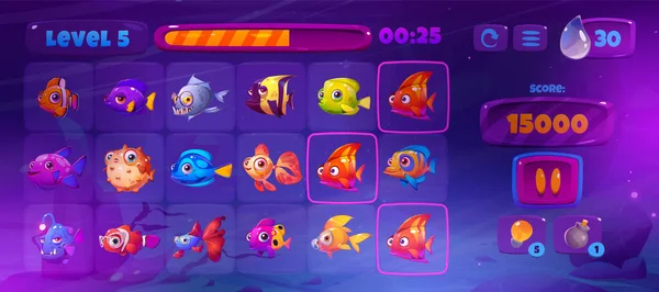 Υποβρύχια Διεπαφή Παιχνίδι Εικονίδιο Υποδοχή Ψαριών Match Στοιχείο Κουμπί Χαριτωμένο — Διανυσματικό Αρχείο