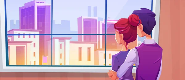 Couple Standing City Building View Window Cartoon Background Man Woman — Stock Vector