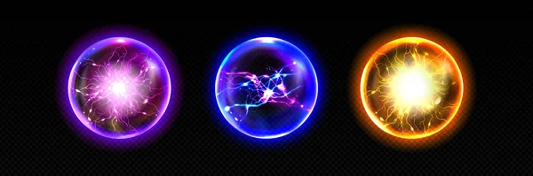 雷エネルギーベクトル効果を持つ電気雷ボール プラズマの軽量火花と魔法のサークル球 3Dリアルな黄色 青と紫の爆発電荷地球要素 ネオン放電衝撃 — ストックベクタ