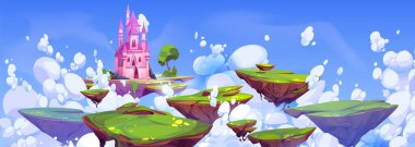 Fantasy castle on floating island in sky cartoon landscape. Magic fairytale flying kingdom tower in imagination heaven dream scene. Summer green and rock scenery with boulder platform ui game vector clipart