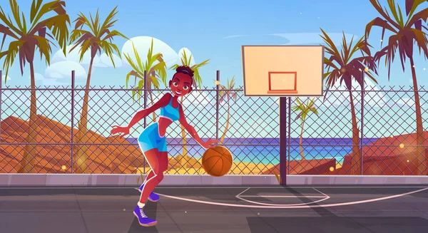 女子はストリートコートビーチやシーベクトルの背景でバスケットボールをします オーシャンビューのバスケットボールゲームスタジアム アフリカ系アメリカ人黒人肌の女性と都市スポーツ競技アリーナ — ストックベクタ