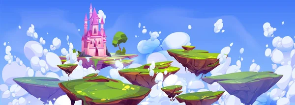 幻想城堡在浮岛上的天空卡通画景观 神奇的童话在想象中飘扬着天国之塔的梦幻场景 夏季绿岩景观与巨石平台Ui游戏载体 — 图库矢量图片