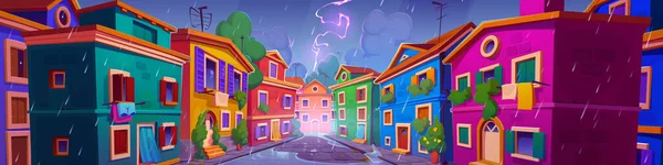 夜に雨の中 中世の家と旧ドイツの街の通り 石造りの建物やコテージ 道路や植物と嵐の天気でドイツの都市雷 ベクトル漫画のイラスト — ストックベクタ