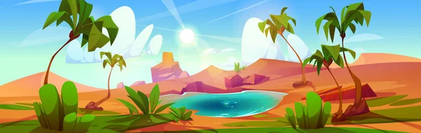 湖やヤシの木と漫画の砂漠のオアシス 緑の熱帯植物 池の青い水 暑い太陽が雲と空に輝くと砂の風景のベクトル図 旅行ゲームの背景 — ストックベクタ