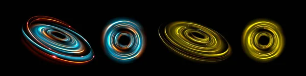 一套现实的圆形霓虹灯在黑色背景上闪烁着 带有发光粒子的黄绿色圆形螺旋涡旋 光晕效应 彩虹能量涡旋的矢量图解 — 图库矢量图片