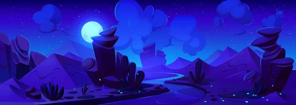 堤防上の川 砂丘やサボテンと夜の砂漠の風景 岩のある自然の背景のベクトル漫画のイラスト 暗闇の中で輝くネオン緑のホタル 空の満月 — ストックベクタ
