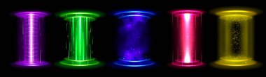 Çember ışık efekti sihirli oyun hologram portalı. Yıldız tozlu ışınlanma için neon enerji küresi podyumu. Fantastik zaman yolculuğu için parıltılı ve parıltılı 3D fütüristik teknoloji ekran platformu