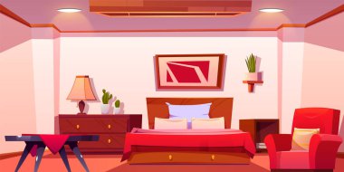 Otel odasının iç tasarımı. Kırmızı koltuk, ahşap masa, çekmece, battaniye ve yastıklı büyük yatak, raftaki çiçek saksısında kaktüs, duvardaki soyut resim.