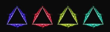 Yıldırım desenli gerçekçi üçgenler. Neon rengi geometrik figürlerin vektör çizimi, bilim kurgu oyun çerçevesi, gelecekteki portal, sihirli güç sembolü, aydınlık elektrik enerji etkisi