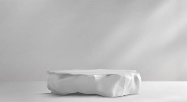 Beyaz duvar arka planında gerçekçi kaba taş platformu. Gölgeli beton parçasının vektör çizimi, lüks güzellik ürünü sunumu için doğal kaya, iç tasarım materyal örneği