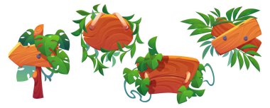 Tahta orman oyunu, tahta çizgi film vektörü. Tropikal tasarımı izole edilmiş orman ahşap çerçeve afişi. Yaz arayüzü için tropik menü etiketi. Kereste çubuğunda yön için ok