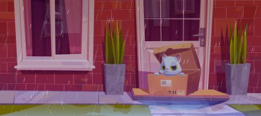 Ev illüstrasyonunun yanındaki kutuda başıboş kediyi terk et. Kapalı kapılar ardında bekleyen pis ve üzgün bir hayvan ve yağmur havası. Pencereli, kapalı girişi ve su birikintisi olan banliyö kırmızı tuğla bina cephesi.