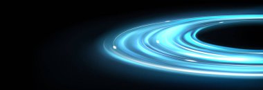 Siyah arkaplanda soyut neon gezegen halkası. Parlak ışık izi, dijital teknoloji arka planı, gelecekteki teknoloji hız efekti, enerji hareketi, yörünge çizgisi