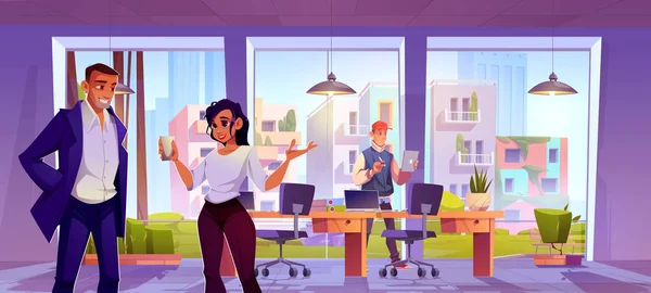 People Work Office Interior Cartoon Background Computer Desk Window Businessman — Stock Vector