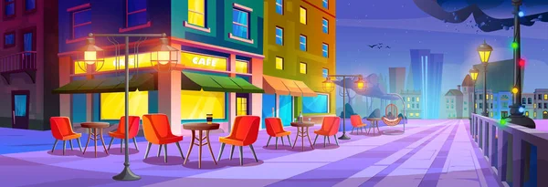 City Street Cafe Restaurant Tables Outdoor Summer Town Buildings Exterior — Stock Vector