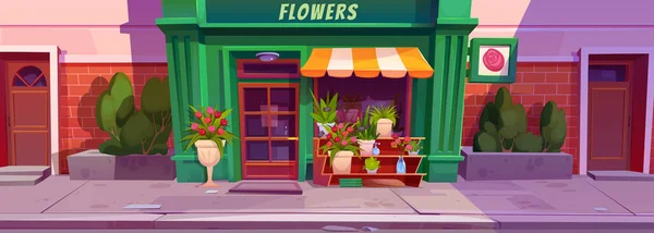 Kreskówkowa Fasada Kwiaciarni Ulicy Miasta Wektor Ilustracja Miejskiego Butiku Kwiatowego — Wektor stockowy
