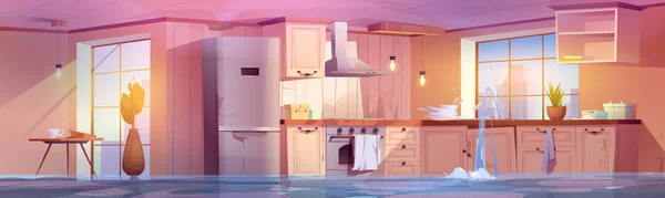 Inundação Quebrado Casa Cozinha Quarto Cartoon Vetor Ilustração Abandonado Danificar — Vetor de Stock