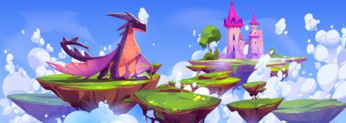 Fantezi şatosu ve gökyüzünde yüzen sihirli ejderha. Hayal Diyarı 'nı koruyan fantastik sürüngen hayvanının vektör çizimi. Bulutların üzerinde uçan peri masalı kalesi.