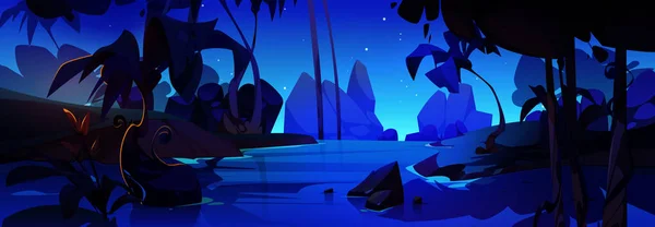 Cartoon Nacht Fluss Dschungel Wald Vektor Hintergrundszene Baum Und Wasser — Stockvektor