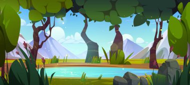 Dağların eteğindeki ormandaki berrak mavi göl. Uzun ağaçlar, bahar çiçekleri, yeşil çalılar ve göletin etrafında taşlar olan güzel doğal manzaranın vektör çizimi. Seyahat oyunu arkaplanı