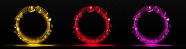 Şeffaf arkaplanda izole edilmiş sihirli işaret fişeği efektli gerçekçi ışık çemberleri. Soyut parıldayan pırıltılı, altın, kırmızı ve pembe halkaların vektör çizimi. Oyun avatar çerçevesi