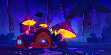 Orman çizgi filminin arka planında bir gece masalı evi. Kulübe vitrininde neon ışığı. Mantarlı ve patikalı hayali bir yerde sihirli bir ağaç. Macera dolu çocuk masalı duvar kâğıdı için orman evi sahnesi