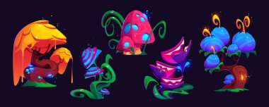 Fantezi sihirli orman oyunu çizgi film setinden mantar ve ağaç. Uzaylı gezegen psikedelik doğa ikon tasarımını izole etti. Gizemli fantastik manzara için Neon harikalar diyarı ahşap bahçe elementi.