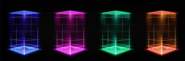 Renkli ışık efektli kare hologram portalları. Parlayan lazer ışınları, şeffaf arkaplanda izole neon renk ışınları ile gelecekteki oyun podyumlarının vektör gerçekçi çizimi