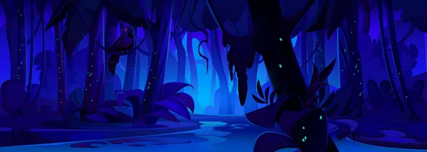 Nachtjungle Bos Met Rivier Cartoon Achtergrond Lake Fantasy Tree Palm — Stockvector