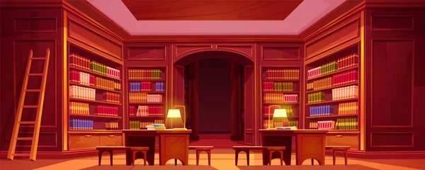 图书馆书架上有书桌和椅子背景图 学校或大学的卡通人物图书馆管理员木制书架上的卡通画 大厅里有书桌和台灯的书店家具 — 图库矢量图片