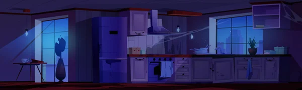 Noite Abandonada Cozinha Interior Com Desenhos Animados Mesa Casa Sala — Vetor de Stock