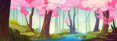 Japon bahar sakura orman parkı ve nehir karikatürü çizimleri. Kiraz çiçeği bahçesi ve akarsu vektör manzarası. Gün ışığı manzaralı boş oyun sihirli konum ortamı