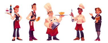 Restoran şefi, aşçı ve garson. Mutfak çalışanları önlüklü ve şapkalı karakterler, profesyonel kafe çalışanları, menüsü olan garson ve menajer, vektör karikatür çizimi