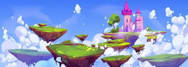 粉色皇家城堡漂浮在岛上的天空中 魔幻的中世纪宫殿在一片土地上飞舞 白云环绕 游戏平台 幻想王国 — 图库矢量图片