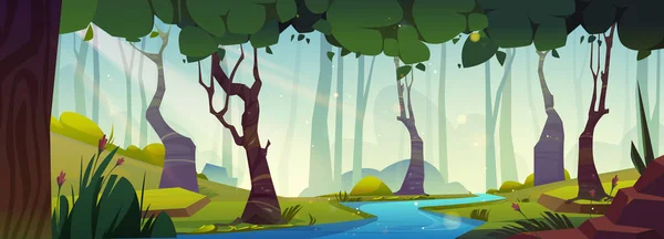 フォレストパーク パノラマガーデン 川の風景 スパークル 水の景色と美しいおとぎ話のゲームのためのラッシュツリー自然漫画環境の場所 晴れた平和な壁紙 — ストックベクタ
