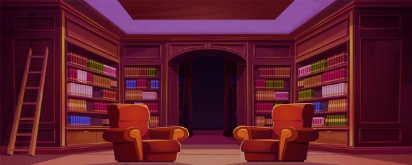 家里的图书馆 书架上有木制书架 还有舒适的扶手椅 有书架和梯子的大房间的矢量卡通画 古代文学藏品 阅读爱好的地方 — 图库矢量图片