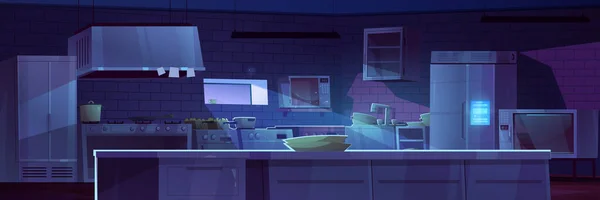 Professionelle Kücheneinrichtung Der Nacht Vektor Cartoon Illustration Eines Dunklen Großen — Stockvektor