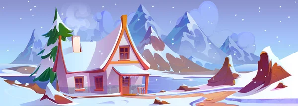 Casa Acolhedora Perto Lago Vale Montanha Inverno Desenho Animado Vetorial — Vetor de Stock