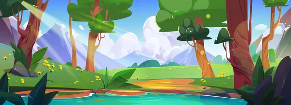 湖と山のベクターの背景のシーンを持つ森の自然 池の水と草の丘の夏の谷の風景イラストの近くの木 穏やかなアルプスパノラマ旅行環境の背景デザイン — ストックベクタ