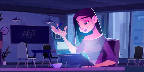 Mutlu Kadın Gece Vektör Karikatür Arka Planında Ofiste Tabletle Çalışıyor — Stok Vektör