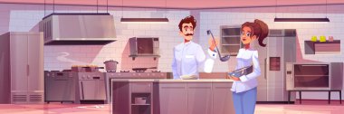 Profesyonel restoran mutfak vektör çizimi şefi. Erkek karakter kepçeyi masanın yanında tutar. Kafe aşçılık personeli. Yemek pişirmek için mobilyaları olan modern bir otel odası.