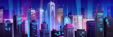 Gece neonlu gökdelen şehir manzaralı arka plan. Geleceğin kentsel gökyüzü manzarası çizgi film tasarımı çizimi. Soyut koyu mor New York metropolü mimarisi arkaplan.