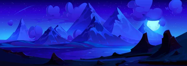 夜景山水 湖水幽暗 多云天空中闪耀的月亮 山上的小径 山坡上积雪的岩石 美丽的自然背景的矢量卡通画 — 图库矢量图片