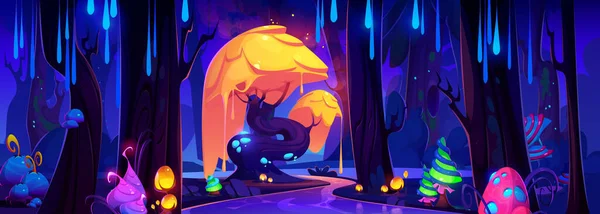 幻想森林与魔法树和蘑菇卡通病媒游戏背景 异形花园 有迷幻的霓虹灯花和植物元素 具有神秘河流探险设计的荧光仙境 — 图库矢量图片