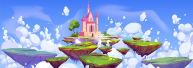 Gökyüzünde yüzen sihirli şatoyla fantezi arka planı. Ortaçağ kalesi, yeşil çimenler ve bulutlarla uçan adalarla oyun manzarası, vektör karikatür çizimi