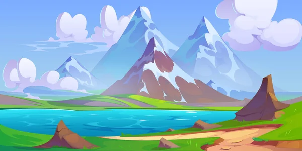 Cartoon mountain landscape with lake in spring valley. Vector illustration of beautiful natural background, footpath on green hills, high rocks with glacier on top and snow on slopes, blue sunny sky