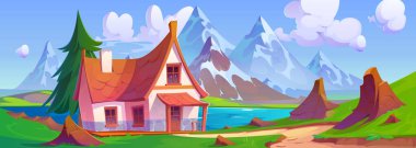 Göl kenarındaki ev ve dağ çizgi filmi vektör sahnesi. Yazın Kanada 'da dağ manzaralı ve kayalıklı bir dağ evi. Avustralya kırsalında çim ve çam ağacıyla çevrili kulübe binası.