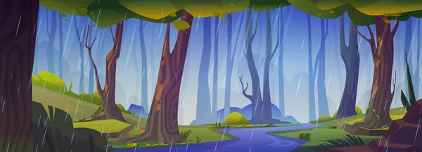 Pioggia Fantasia Foresta Cartoni Animati Vettore Sfondo Paesaggio Fiabesco Foresta — Vettoriale Stock